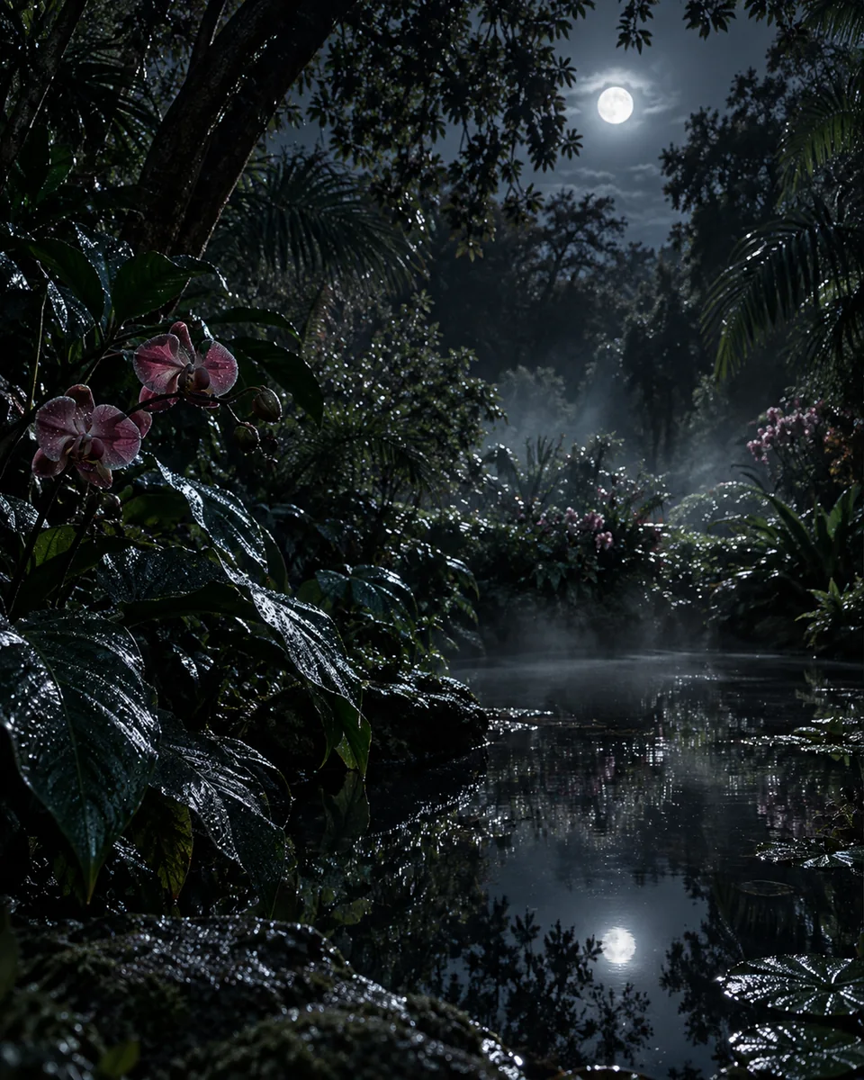 Moonlit nocturnal garden with wet foliage, orchids and silver mist