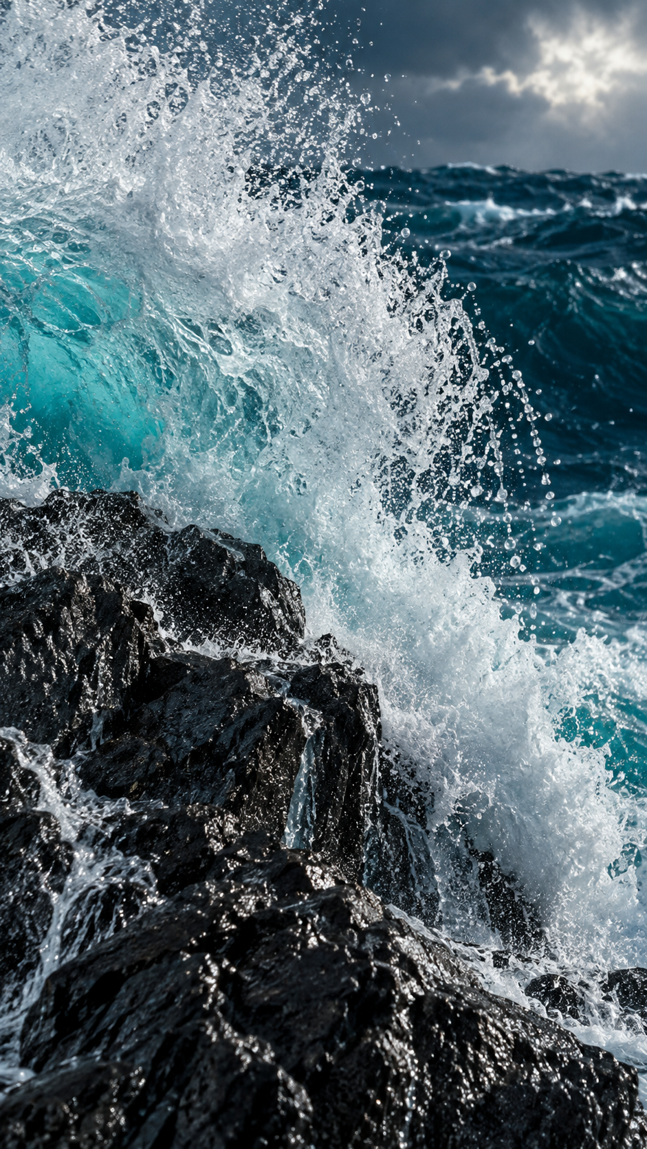 Turquoise ocean wave breaking over black volcanic rock